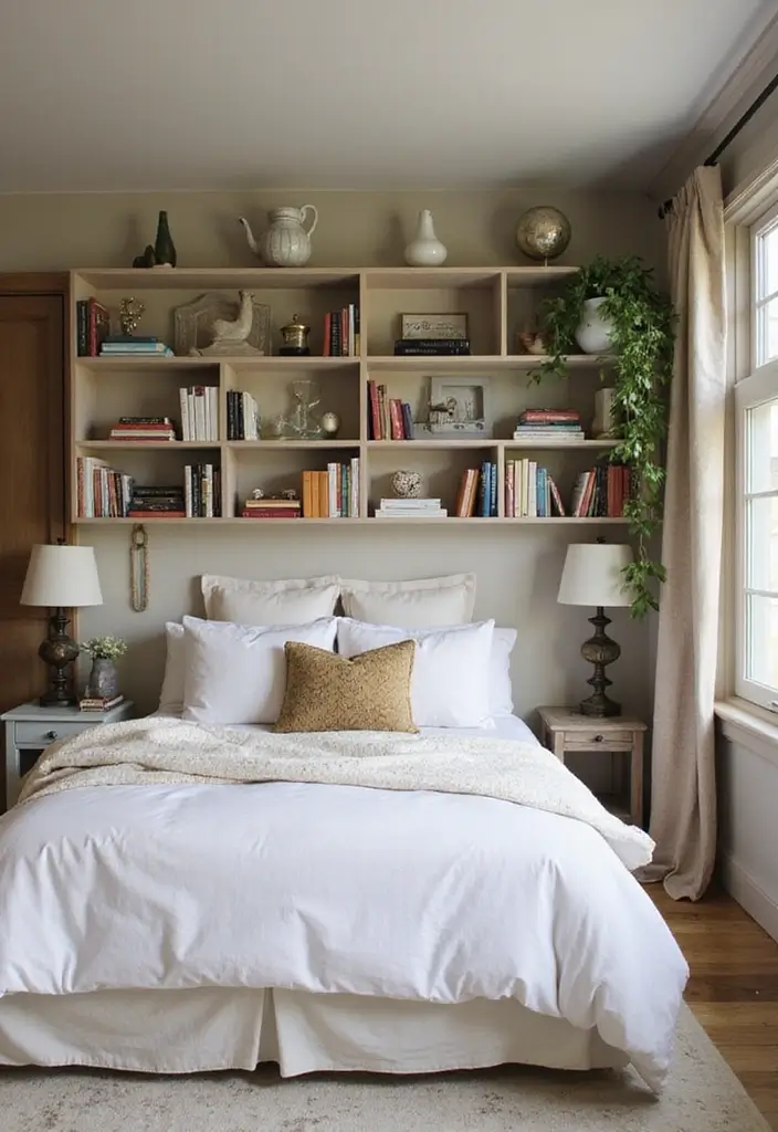 30 Wall Shelf Ideas Bedroom That Feel Modern & Practical 30 30 Wall Shelf Ideas Bedroom That Feel Modern & Practical - 29. Use Shelves as Headboards for Dual Functionality