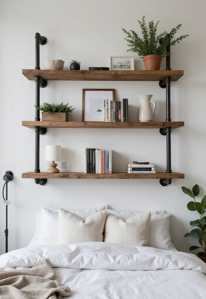 30 Wall Shelf Ideas Bedroom That Feel Modern & Practical 5 30 Wall Shelf Ideas Bedroom That Feel Modern & Practical - 4. Industrial Pipe Shelves for a Trendy Vibe