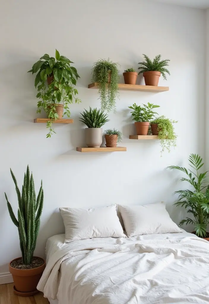 30 Wall Shelf Ideas Bedroom That Feel Modern & Practical 8 30 Wall Shelf Ideas Bedroom That Feel Modern & Practical - 7. Wall-Mounted Plant Shelves for Greenery Lovers