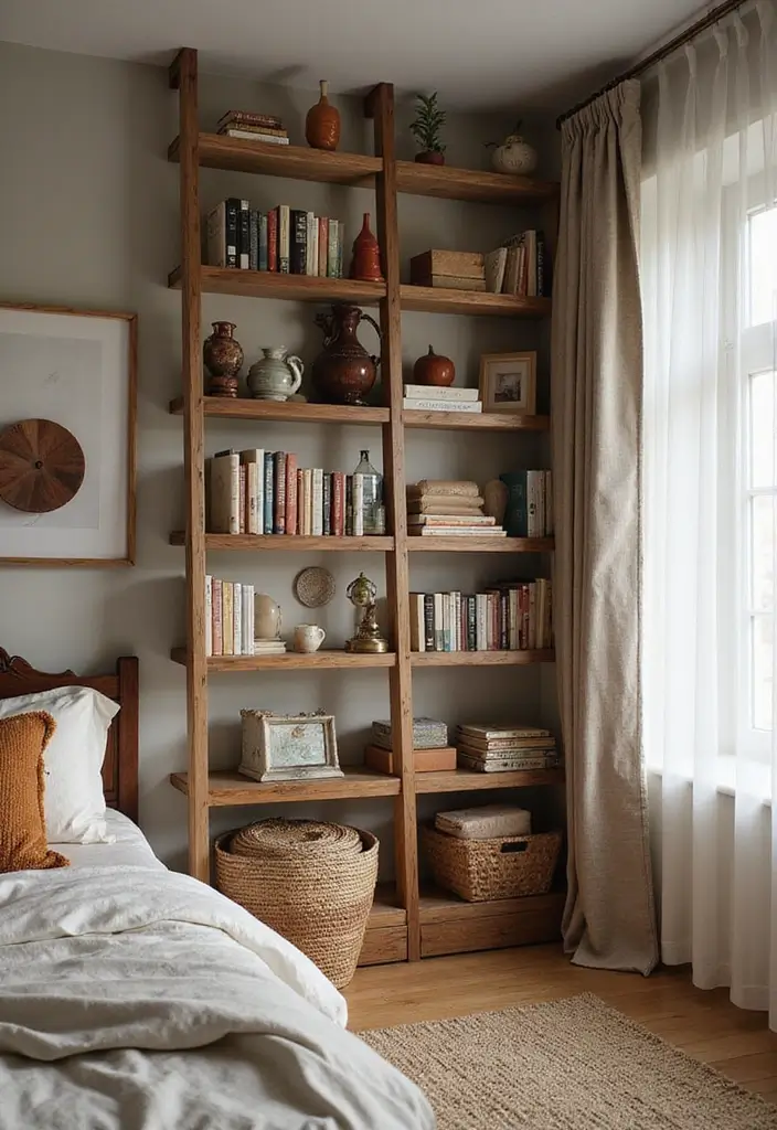 30 Wall Shelf Ideas Bedroom That Feel Modern & Practical 9 30 Wall Shelf Ideas Bedroom That Feel Modern & Practical - 8. Bookshelf Ladders for Stylish Storage