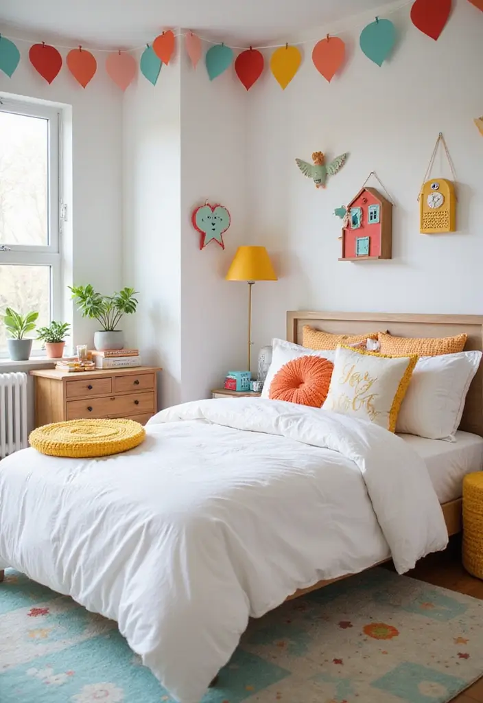 30 White Comforter Bedroom Ideas with Color That Feel Fresh & Inviting - 15. Playful Kids’ Room Ideas