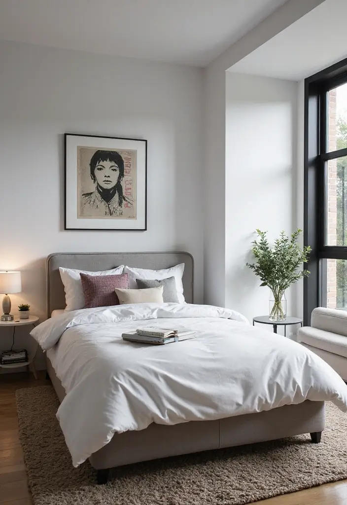 30 White Comforter Bedroom Ideas with Color That Feel Fresh & Inviting - 17. Stylish Urban Escape