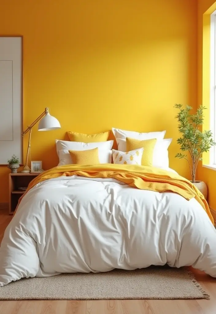 30 White Comforter Bedroom Ideas with Color That Feel Fresh & Inviting - 19. Cheerful Sunshine Colors