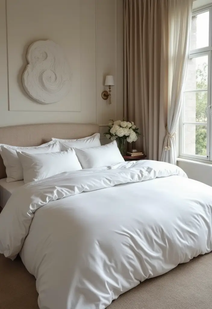 30 White Comforter Bedroom Ideas with Color That Feel Fresh & Inviting - 20. Luxe Fabrics and Finishes