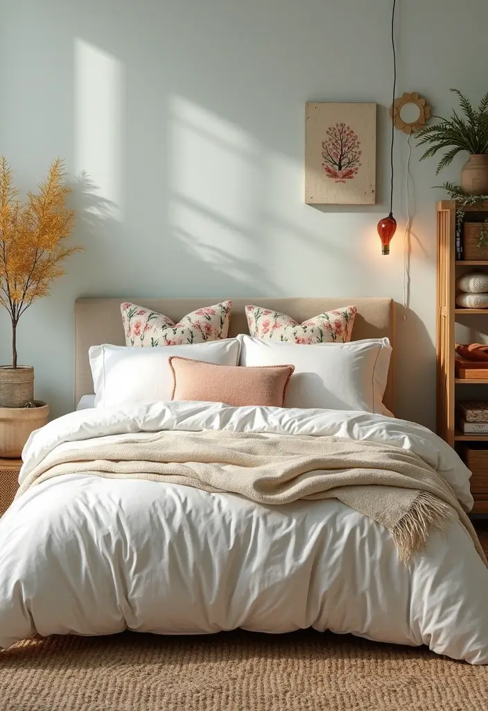 30 White Comforter Bedroom Ideas with Color That Feel Fresh & Inviting - 21. Seasonal Decor for Versatility
