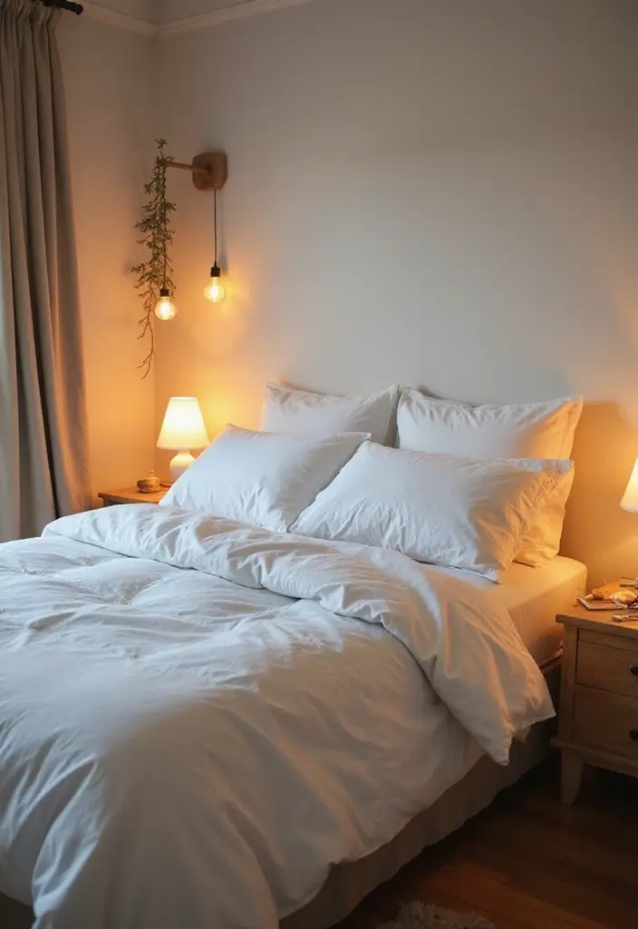 30 White Comforter Bedroom Ideas with Color That Feel Fresh & Inviting - 24. Layered Lighting