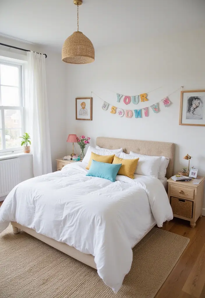 30 White Comforter Bedroom Ideas with Color That Feel Fresh & Inviting - 27. Whimsical Touches