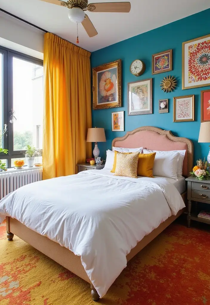 30 White Comforter Bedroom Ideas with Color That Feel Fresh & Inviting - 29. Artistic Expression