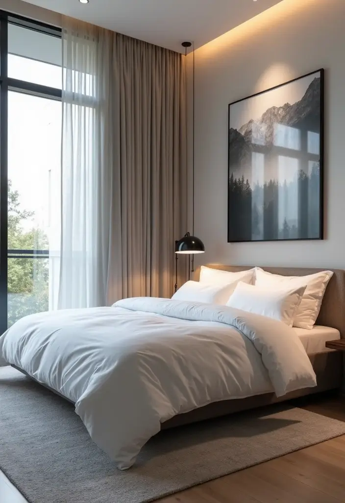 30 White Comforter Bedroom Ideas with Color That Feel Fresh & Inviting - 30. Tech-Inspired Modern Look
