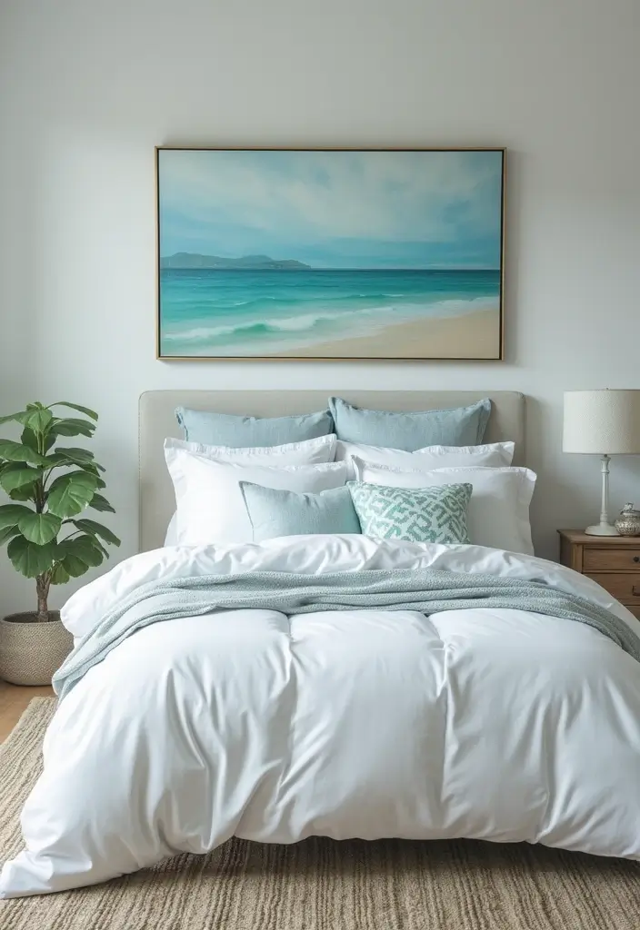 30 White Comforter Bedroom Ideas with Color That Feel Fresh & Inviting - 4. Coastal Vibes with Blues and Whites