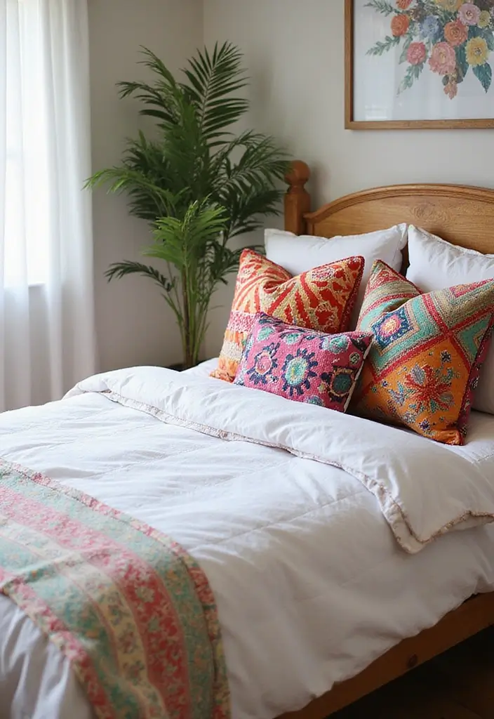 30 White Comforter Bedroom Ideas with Color That Feel Fresh & Inviting - 5. Vibrant Bohemian Layers