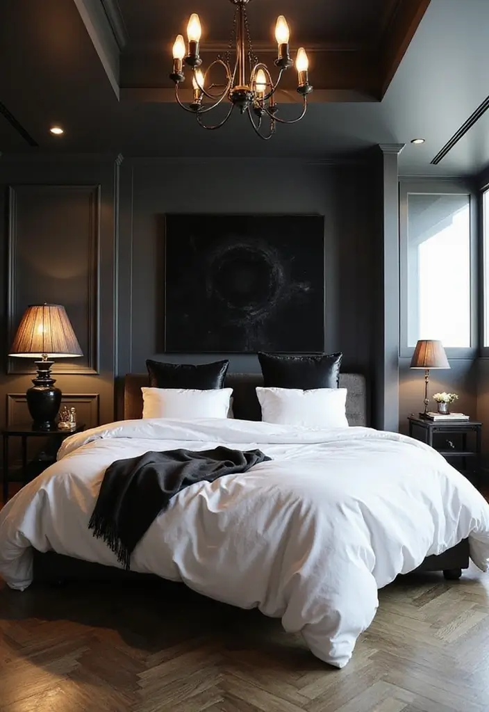 30 White Comforter Bedroom Ideas with Color That Feel Fresh & Inviting - 7. Bold Contrasts with Black Accents