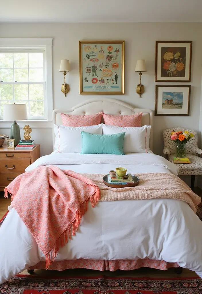 30 White Comforter Bedroom Ideas with Color That Feel Fresh & Inviting - 9. Retro Pop with Bright Accents
