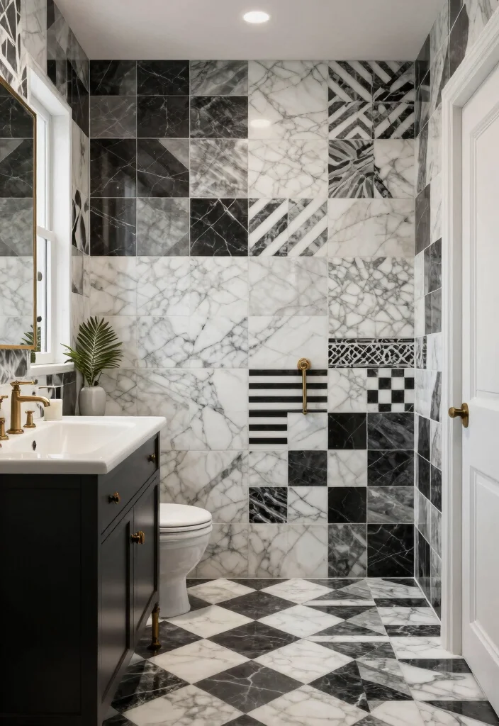 14 Black Marble Tile Bathroom Ideas With Dramatic Style - 10. Mixed Tile Patterns 1