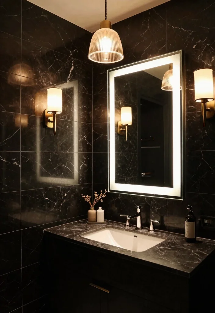 14 Black Marble Tile Bathroom Ideas With Dramatic Style - 12. Unique Lighting 1