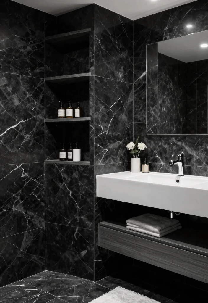 14 Black Marble Tile Bathroom Ideas With Dramatic Style - 13. Functional Beauty 1