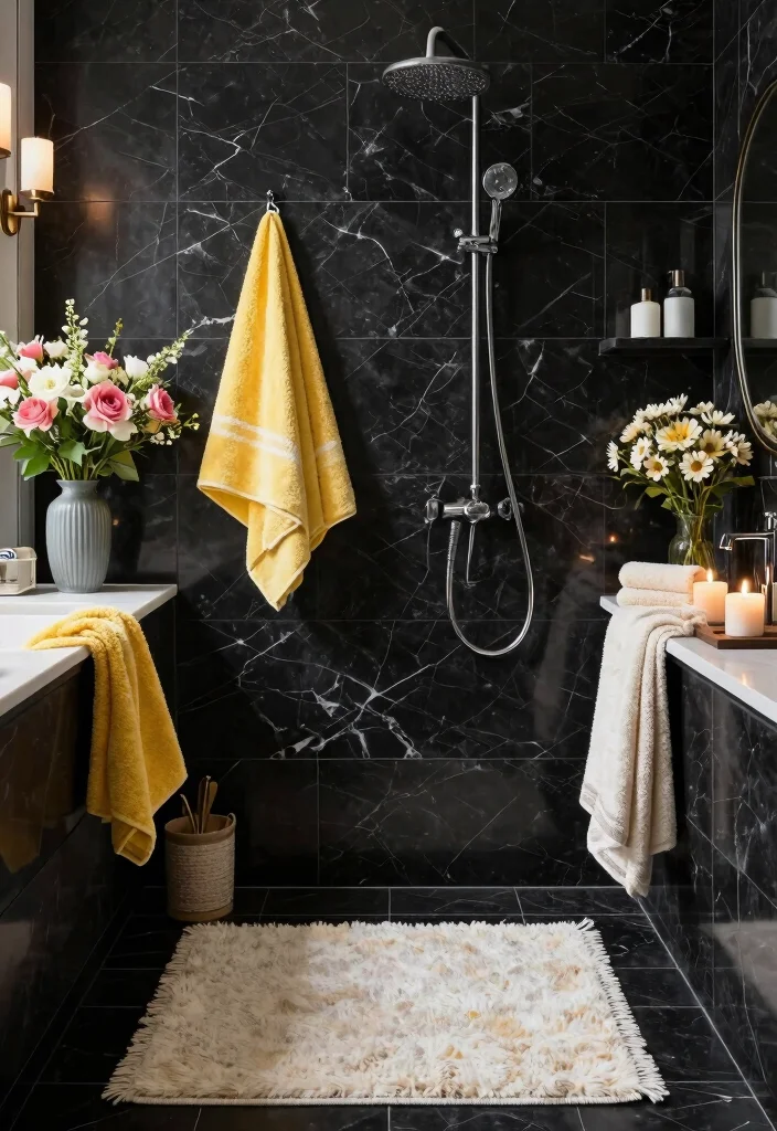 14 Black Marble Tile Bathroom Ideas With Dramatic Style - 14. Seasonal Decor Touches 1