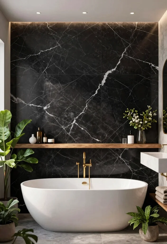 14 Black Marble Tile Bathroom Ideas With Dramatic Style - 2. Bold Accent Wall 1