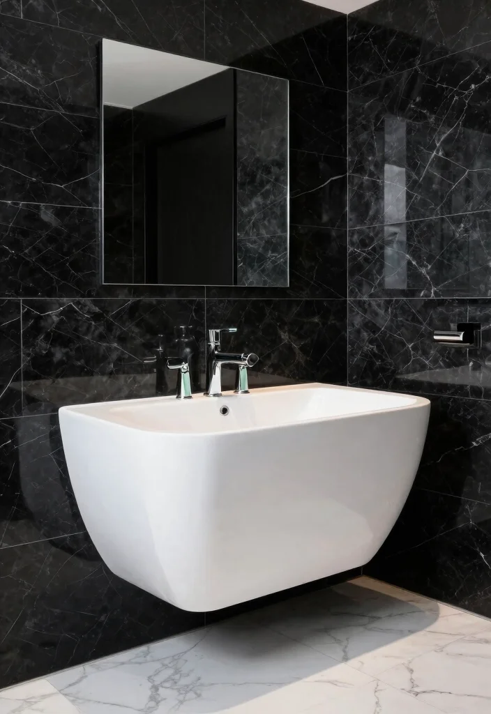 14 Black Marble Tile Bathroom Ideas With Dramatic Style - 4. Contemporary Elegance 1