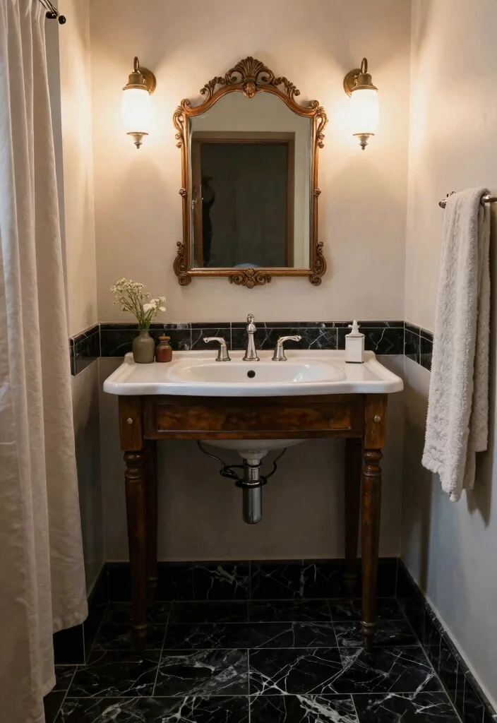 14 Black Marble Tile Bathroom Ideas With Dramatic Style - 5. Vintage Charm 1