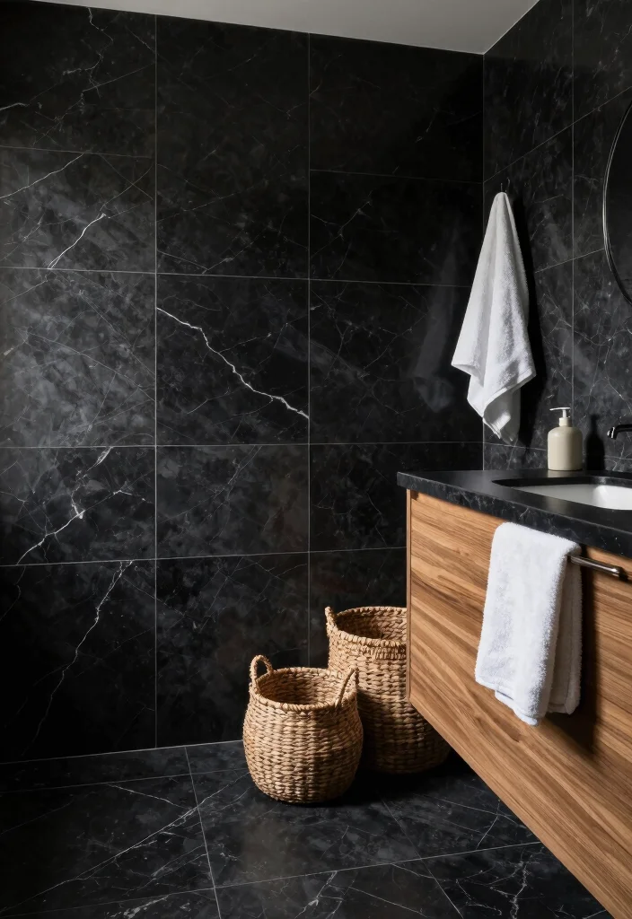 14 Black Marble Tile Bathroom Ideas With Dramatic Style - 6. Textured Layering 1