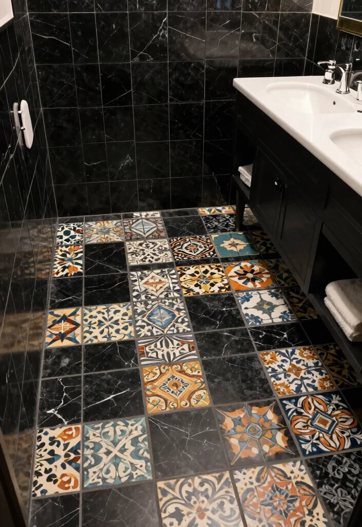 14 Black Marble Tile Bathroom Ideas With Dramatic Style - 7. Artistic Inlays 1