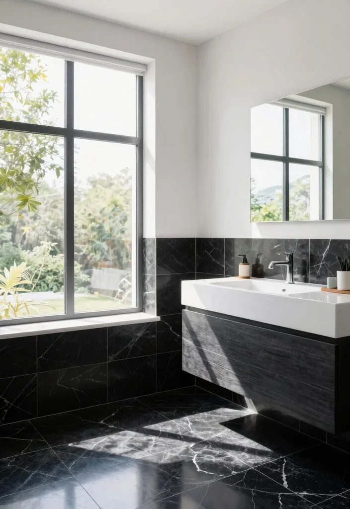 14 Black Marble Tile Bathroom Ideas With Dramatic Style - 8. Natural Light Focus 1