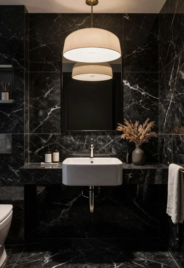14 Black Marble Tile Bathroom Ideas With Dramatic Style - 9. Statement Fixtures 1