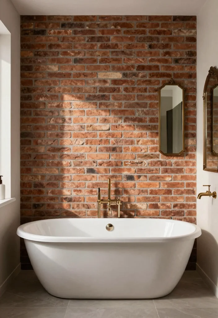 14 Brick Tile Bathroom Ideas With Rustic Texture - 10. Brick Tile Feature Wall 1