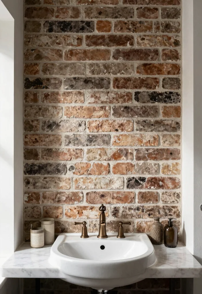 14 Brick Tile Bathroom Ideas With Rustic Texture - 3. Rustic Brick Tile Backsplash 1