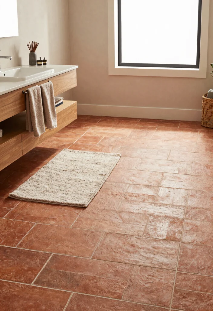 14 Brick Tile Bathroom Ideas With Rustic Texture - 4. Warm Brick Tile Floor 1