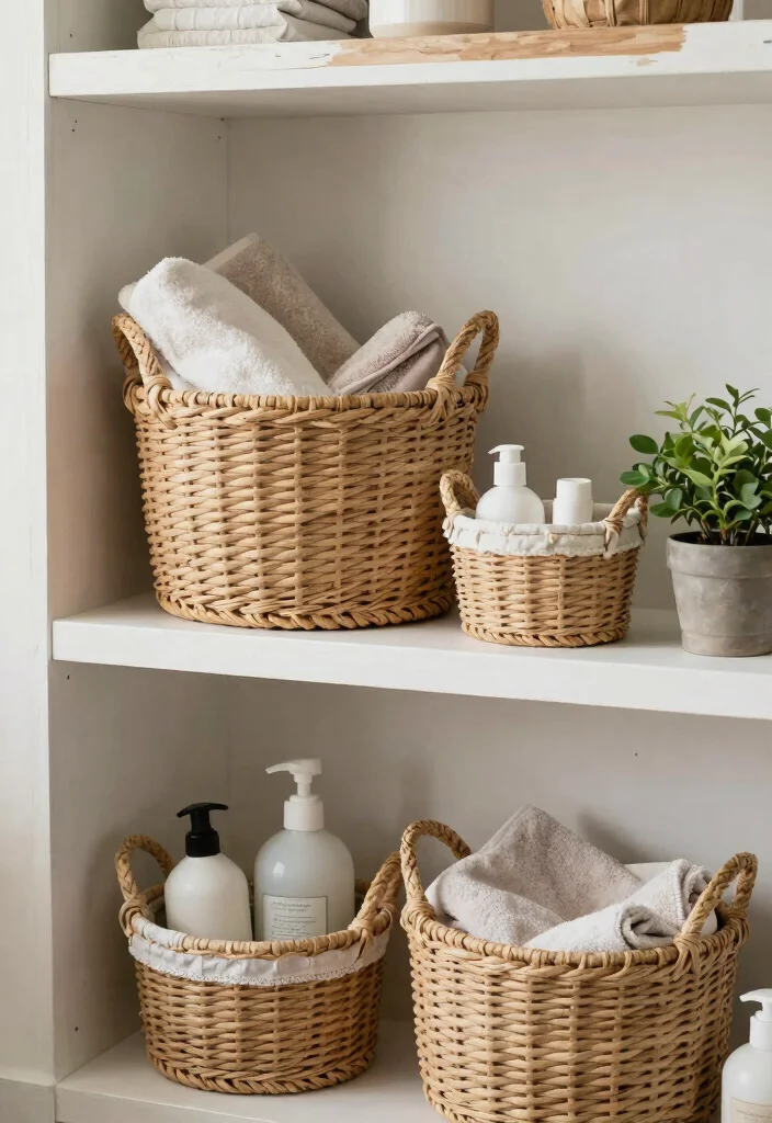 14 Country Bathroom Decor Ideas With Cozy Charm - 12. Decorative Baskets 1