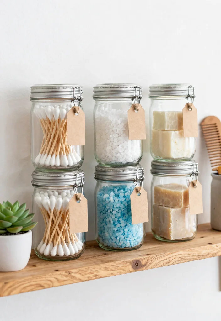 14 Country Bathroom Decor Ideas With Cozy Charm - 5. Mason Jar Storage Solutions 1
