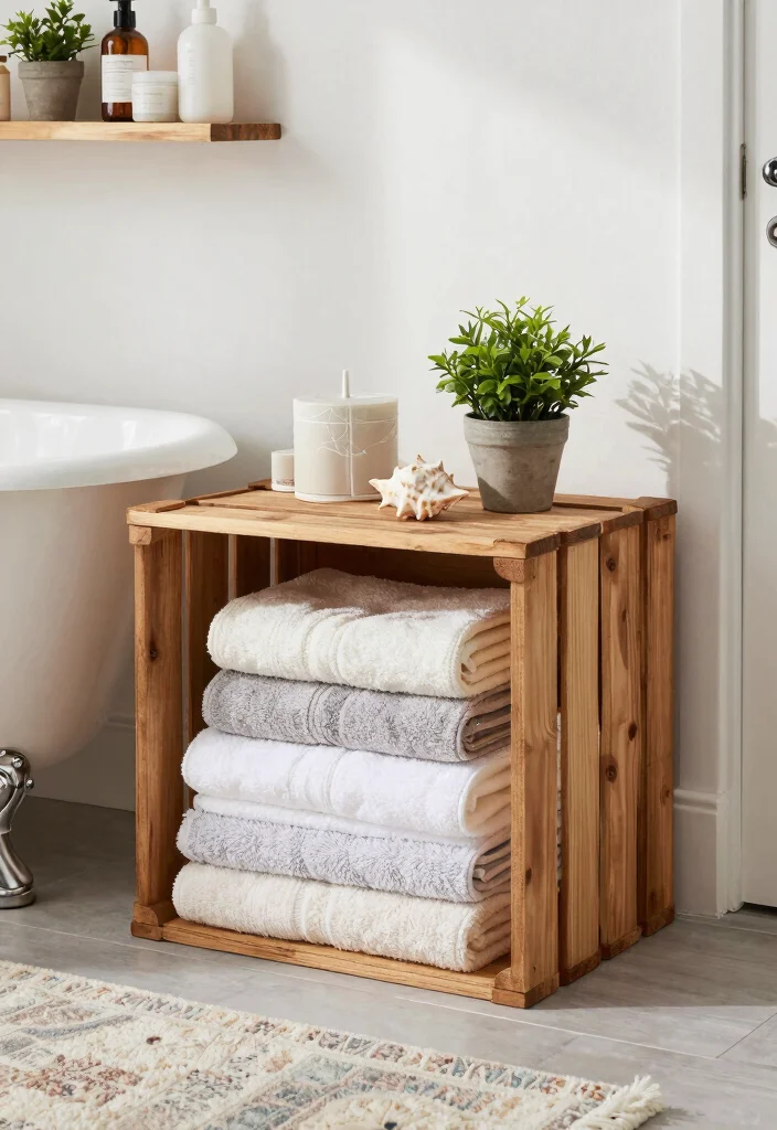 14 Country Bathroom Decor Ideas With Cozy Charm - 7. Wooden Crates for Storage 1
