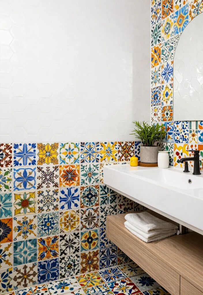 14 White Hexagon Tile Bathroom Ideas With Clean Style - 11. Eclectic Mix and Match 1