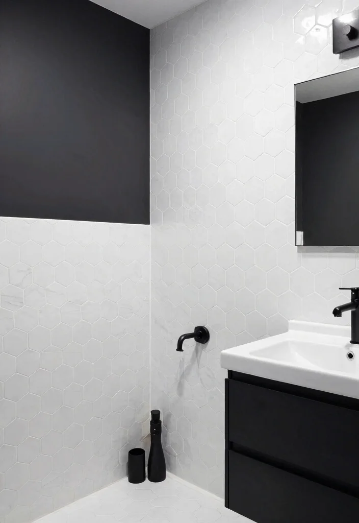 14 White Hexagon Tile Bathroom Ideas With Clean Style - 13. Contemporary Contrast 1