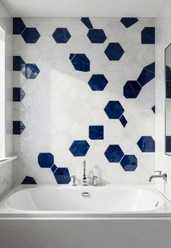 14 White Hexagon Tile Bathroom Ideas With Clean Style - 2. Geometric Patterns 1