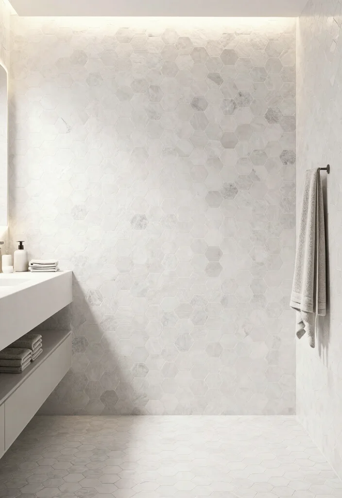 14 White Hexagon Tile Bathroom Ideas With Clean Style - 4. Monochromatic Magic 1