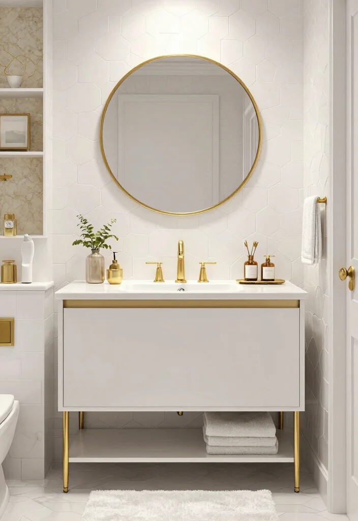 14 White Hexagon Tile Bathroom Ideas With Clean Style - 6. White Hexagon Tiles With Gold Accents 1