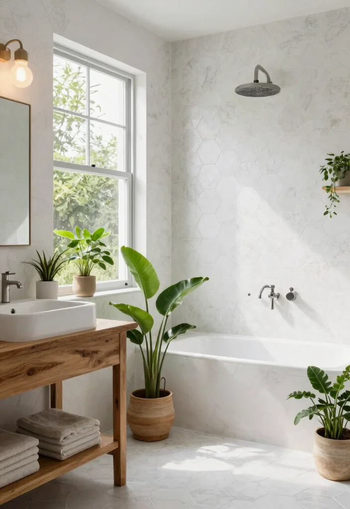 14 White Hexagon Tile Bathroom Ideas With Clean Style - 8. Outdoor-Inspired Bathrooms 1