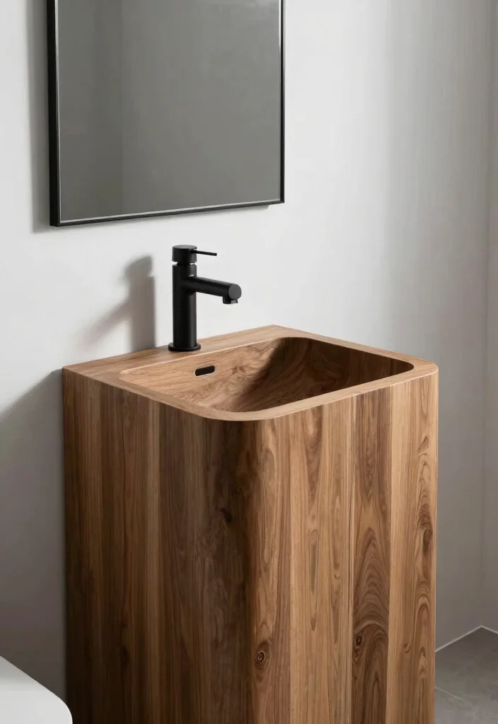 14 Wood Sink Bathroom Ideas With Natural Beauty - 10. Sleek Wood Sink in a Monochromatic Space 1