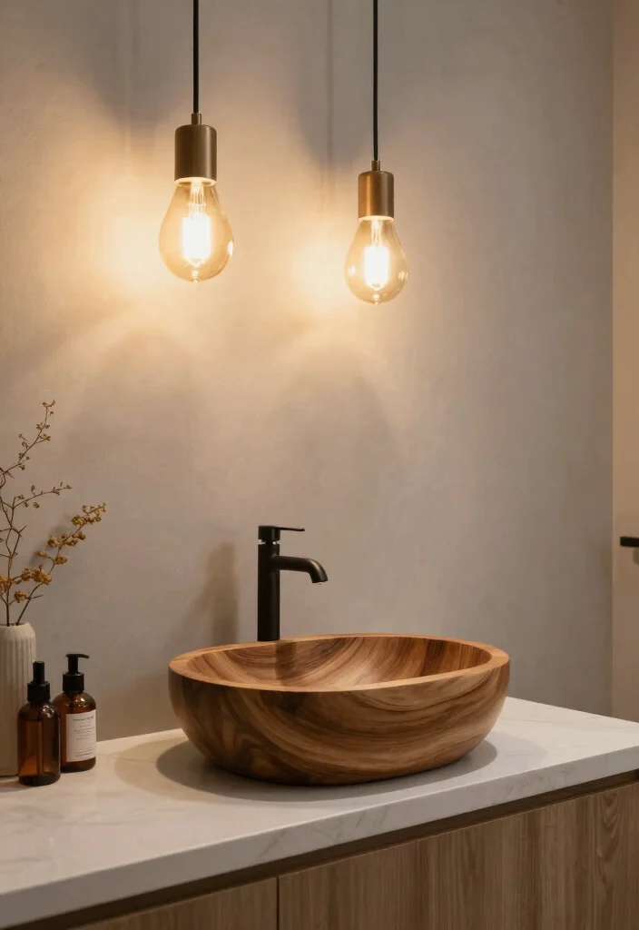 14 Wood Sink Bathroom Ideas With Natural Beauty - 13. Elevated Wood Sink with Unique Lighting 1