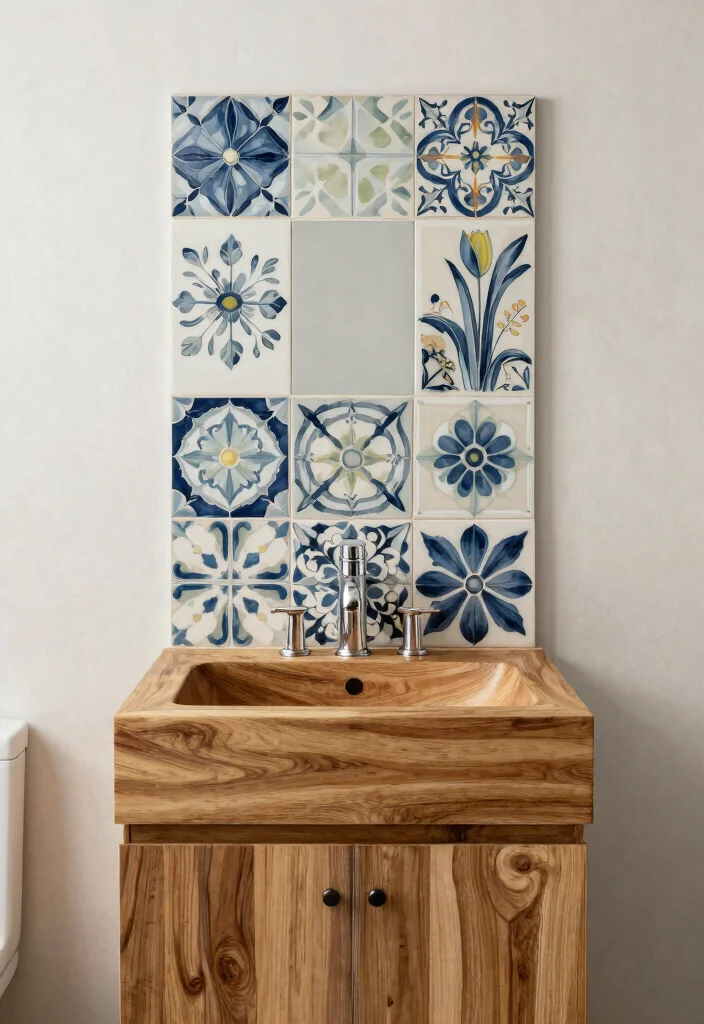 14 Wood Sink Bathroom Ideas With Natural Beauty - 14. Artistic Tile Patterns with Wood Sink 1