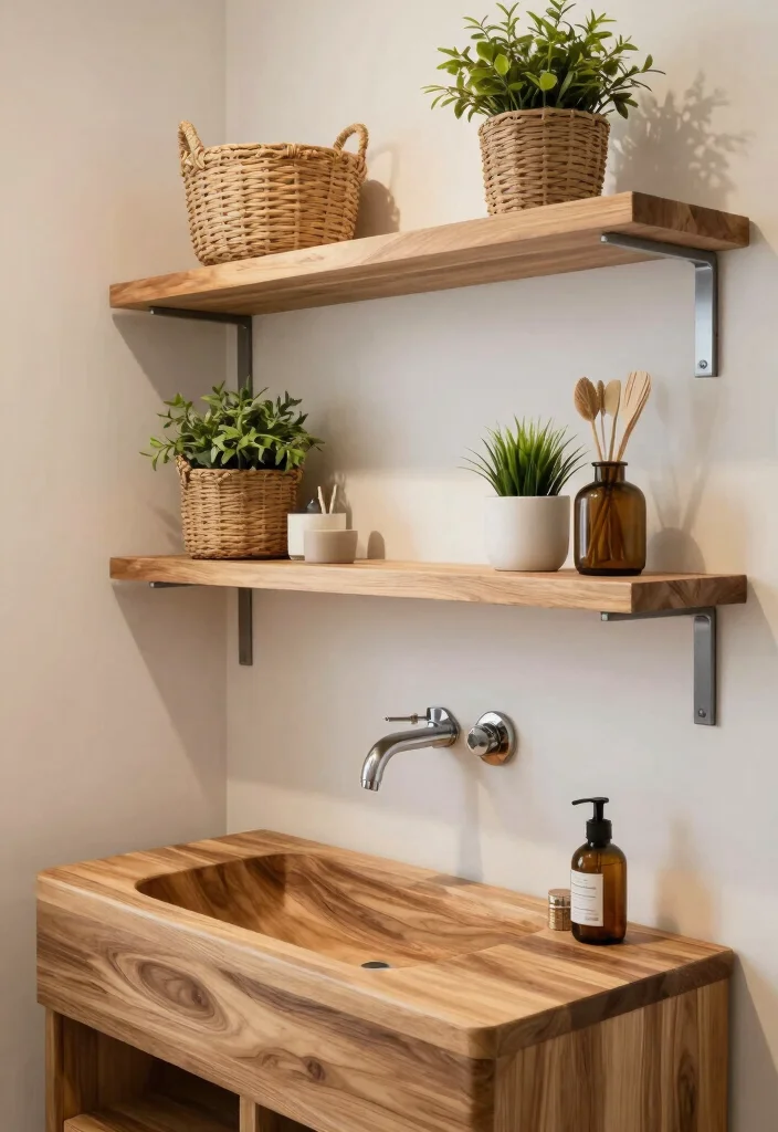 14 Wood Sink Bathroom Ideas With Natural Beauty - 9. Open Shelving with Wood Sink 1