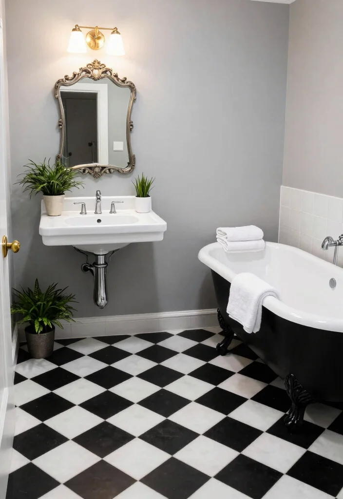 15 Checkered Tile Bathroom Ideas With Vintage Charm - 1. Timeless Black and White Elegance 1