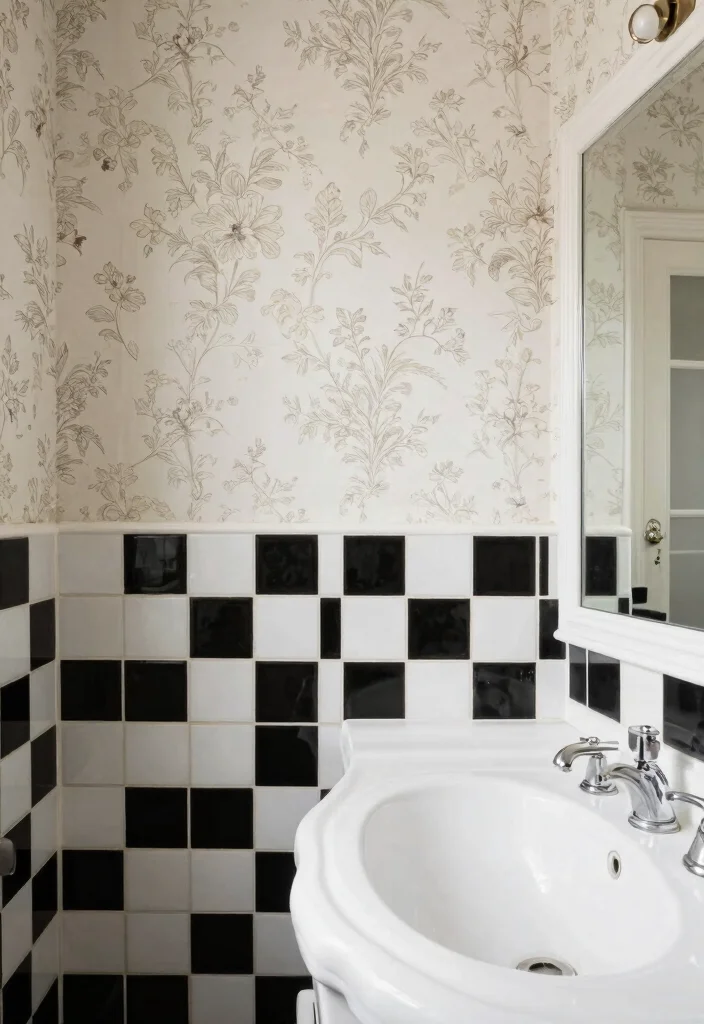 15 Checkered Tile Bathroom Ideas With Vintage Charm - 13. Vintage Inspired Wallpaper 1