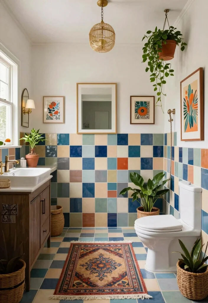 15 Checkered Tile Bathroom Ideas With Vintage Charm - 9. Eclectic Bohemian Style 1