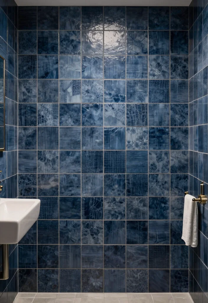 15 Dark Blue Bathroom Tile Ideas With Moody Elegance - 12. Layered Textures and Patterns 1