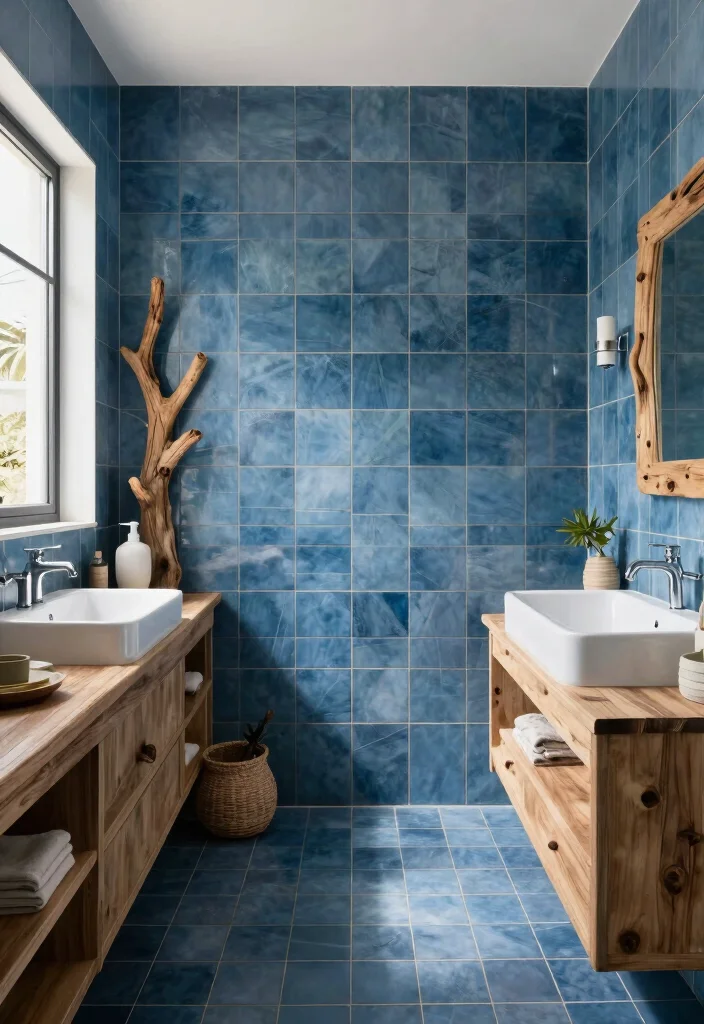 15 Dark Blue Bathroom Tile Ideas With Moody Elegance - 13. Coastal Retreat with Driftwood Accents 1