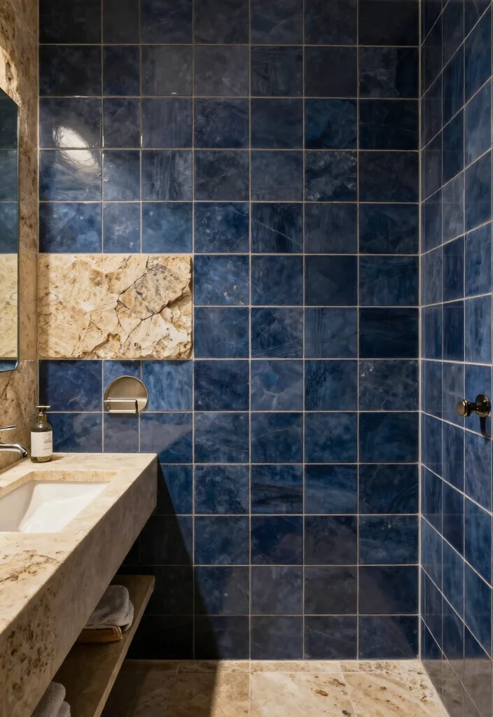 15 Dark Blue Bathroom Tile Ideas With Moody Elegance - 14. Textural Play with Stone and Tile 1